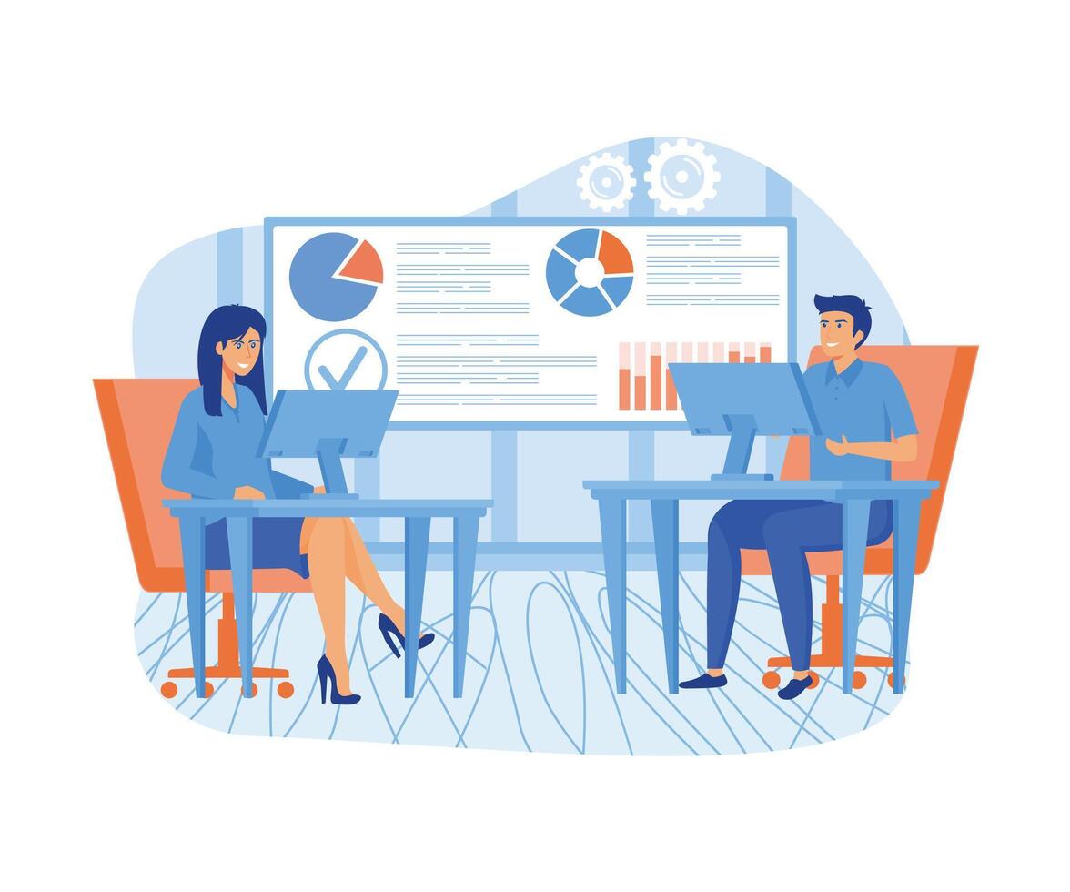 Big Data analysis concept. Professional team working together. Data scientists, software engineer, statistician, programmers, visualizer and analyst working on a project. vector