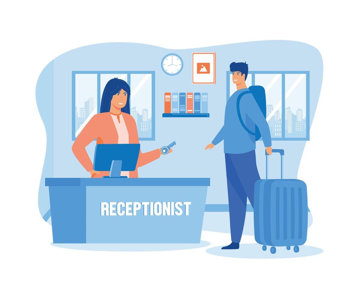 hotel recepción trabajadores proporcionar información a personas llegando plano vector moderno ilustración