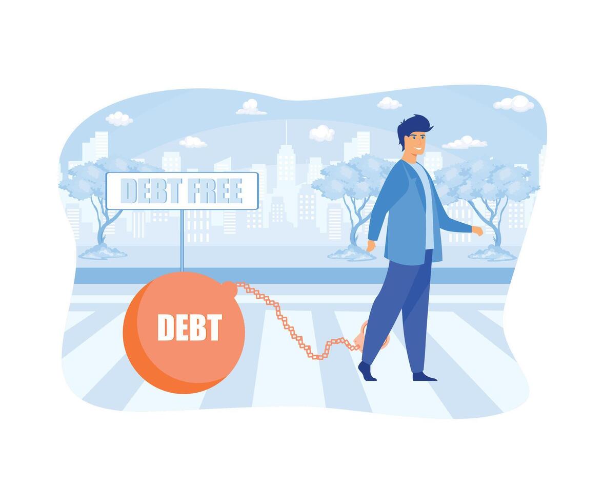 Debt Free. Businessman in face mask tied by a burden with debt text and walking toward debt free signpost.  flat vector modern illustration