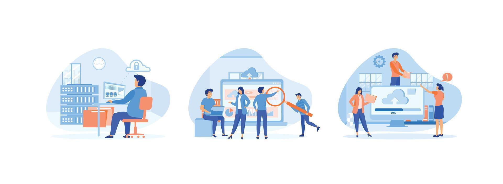 Technology storage and cloud server service. Data center storage servers. Download file. Cloud Computing 3 set flat vector modern illustration