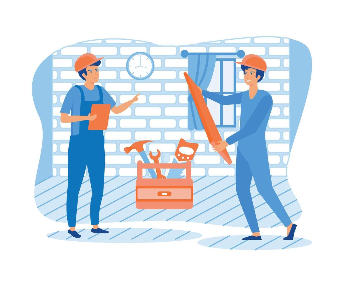 contratista trabajador haciendo interior piso mantenimiento. plano vector moderno ilustración