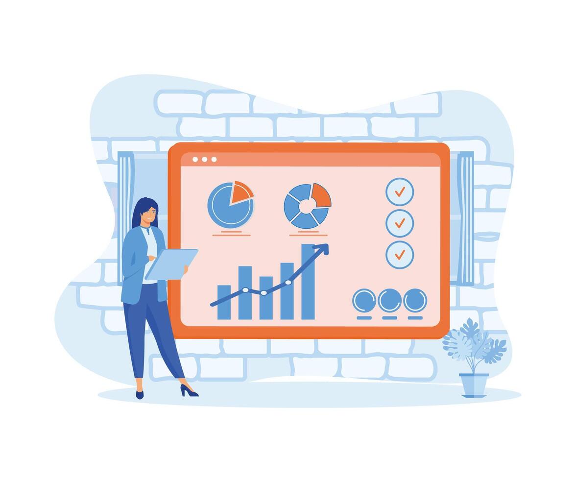 Woman analyzing digital Marketing and promotion charts. flat vector modern illustration