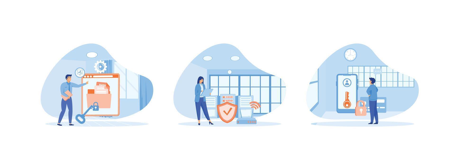 Characters using Security Services to Protect Personal Data, performs Cloud Shared Documents security, Server Security and Data Protection.  Cyber security set flat vector modern illustration