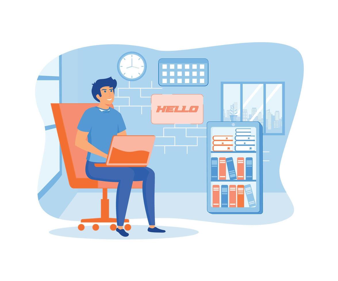 A freelancer works behind a laptop. Home office workplace. flat vector modern illustration