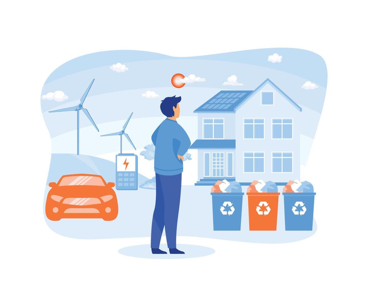 Renewable energy. Environmentally friendly architecture. Village life. Global Warming, zero waste and Greenpeace concept. flat vector modern illustration