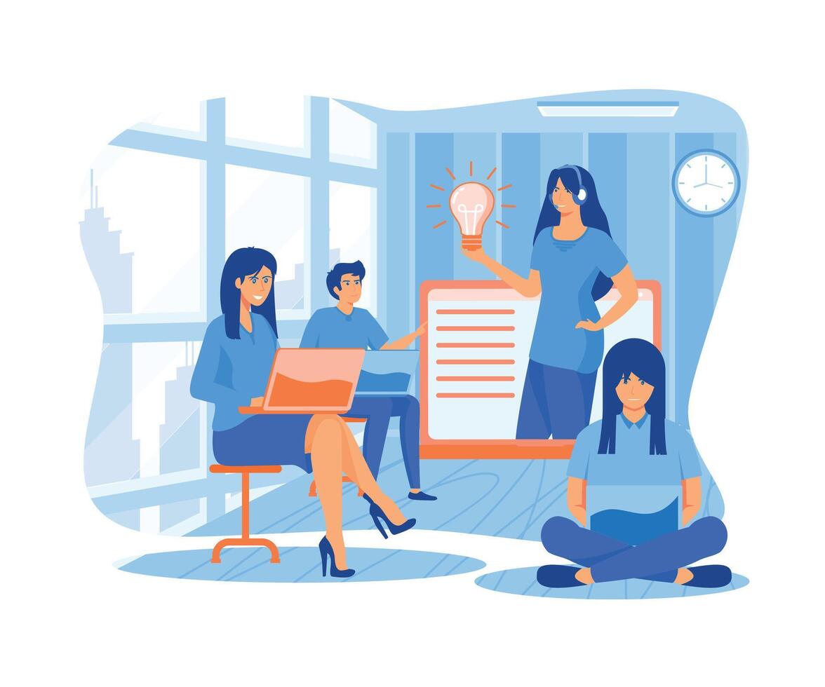 Female hotline operator advises client. Online assistant, virtual help service in living coral palette.  flat vector modern illustration