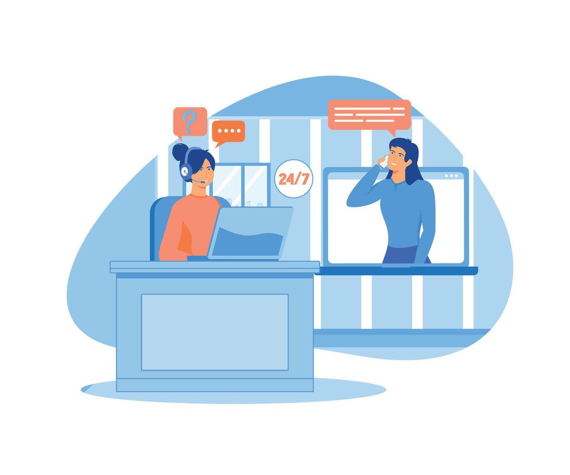 Girl in headphones communicating with clients for business. flat vector modern illustration