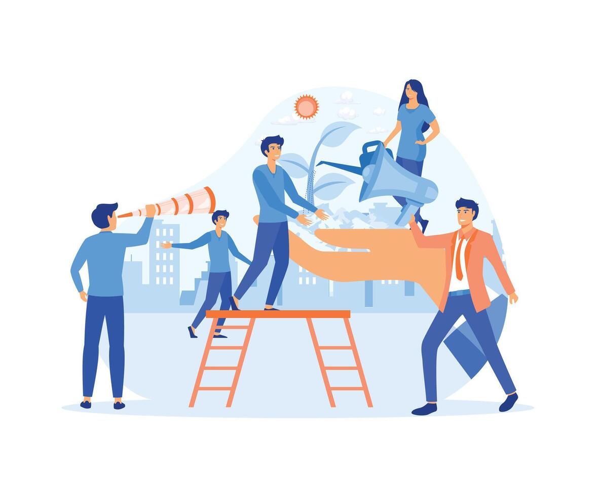 People prepare for the holiday, save the planet from pollution, World Environment Day, Bio technology, in the big hand the earth with a plant.  flat vector modern illustration