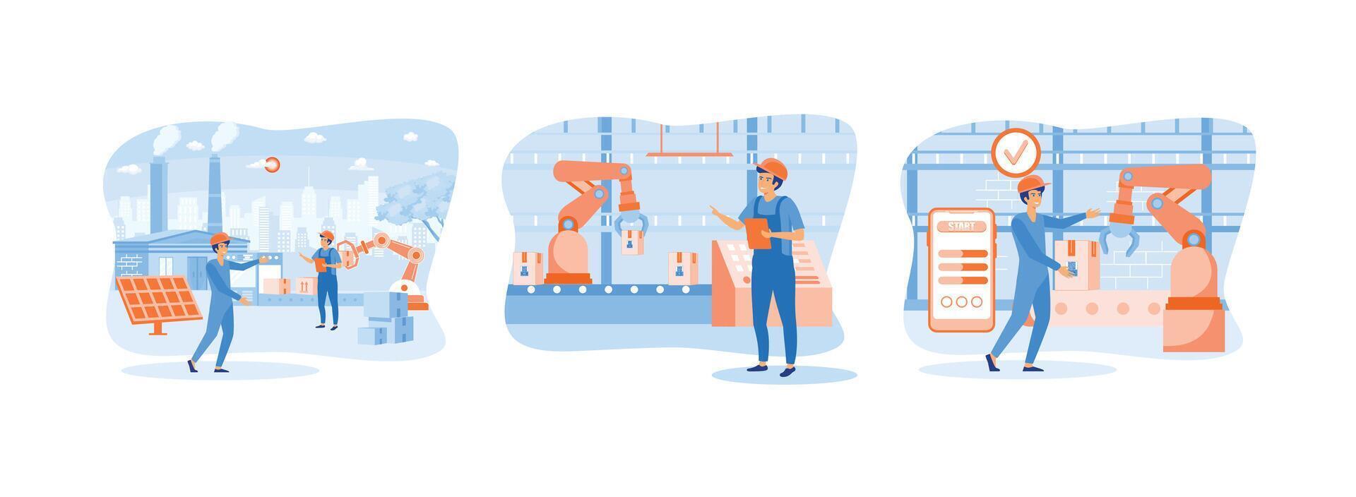 Smart industry.Industry factory works robotic arm. Innovative manufacturing. Smart industry set flat vector modern illustration