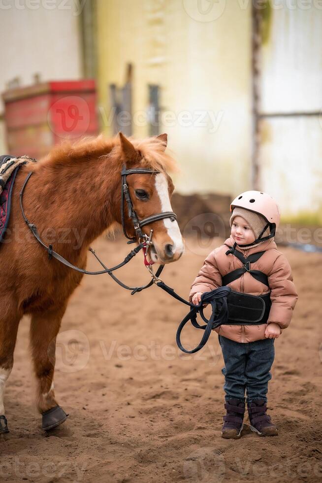 Portrait of little girl in protective jacket and helmet with her brown pony before riding Lesson. High quality photo