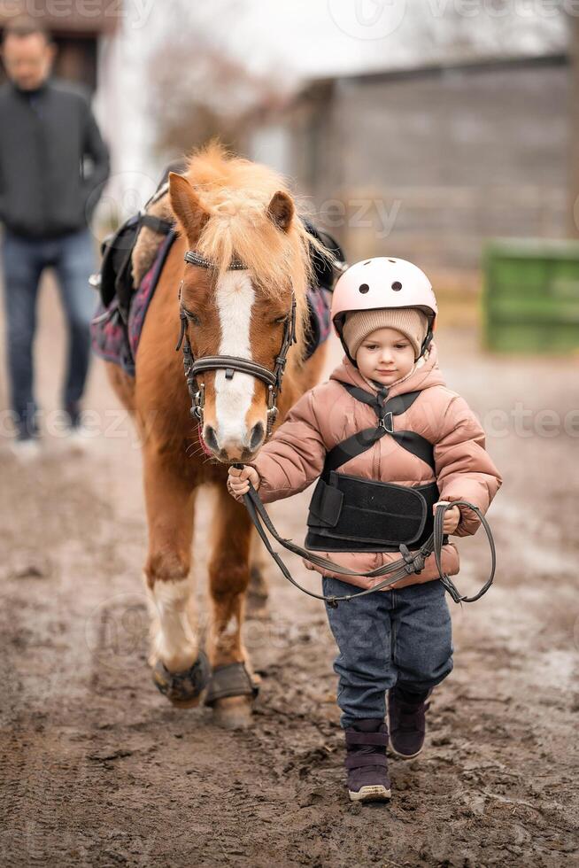 Little girl in protective jacket and helmet with her brown pony before riding Lesson photo