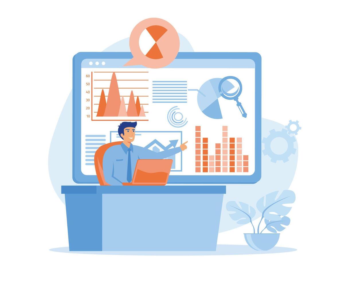 datos impulsado negocio. exhaustivo estrategia, nuevo económico modelo, de confianza decisión haciendo resumen metáfora. plano vector moderno ilustración