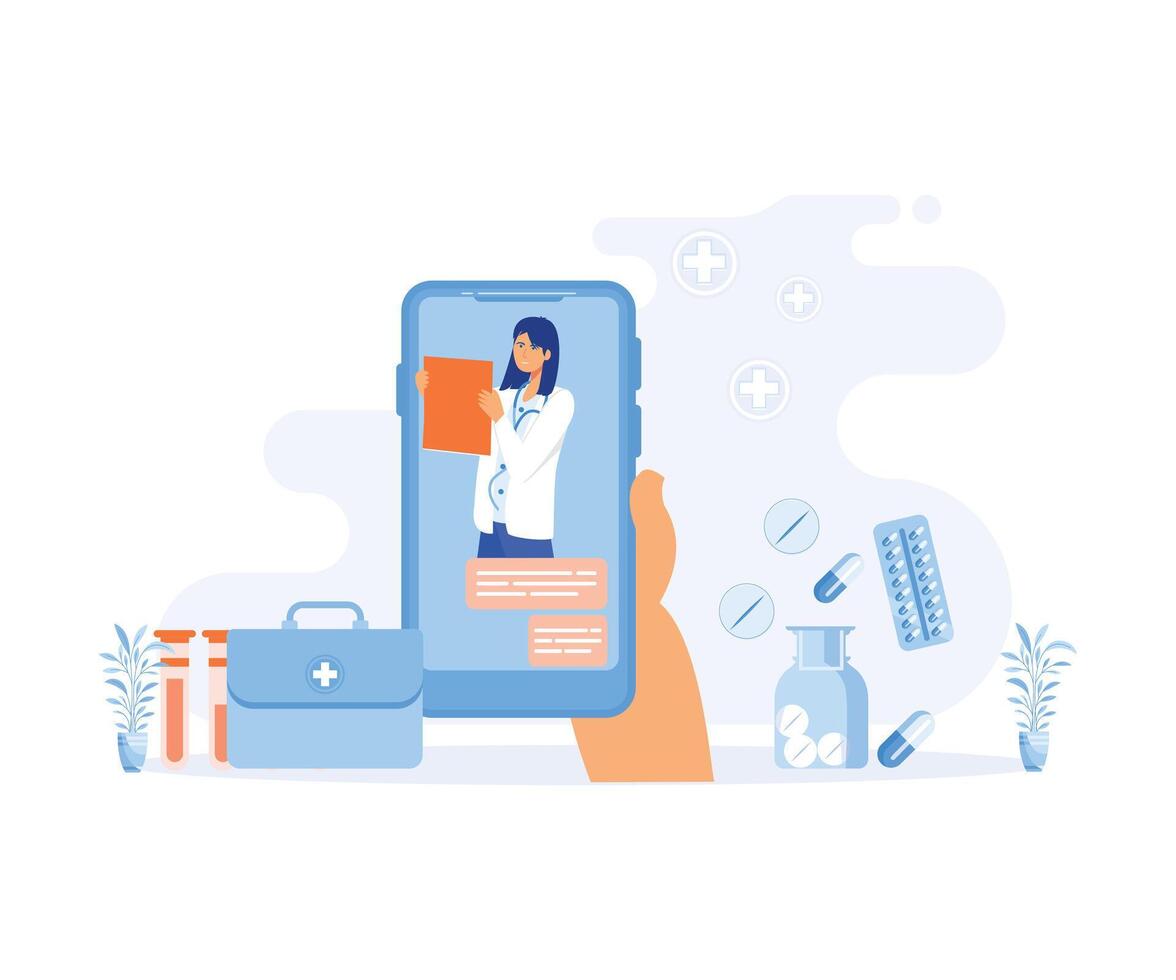 Online medicine and health care, doctor consultations and treatment using a smartphone, internet connected hospital. flat vector modern illustration