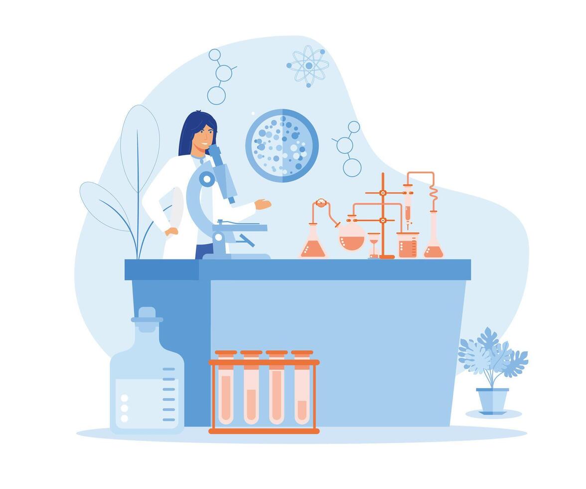 Medical tests. Chemical laboratory analysis laboratory analysis women laboratory assistant, microscope, medical office, laboratory. flat vector modern illustration