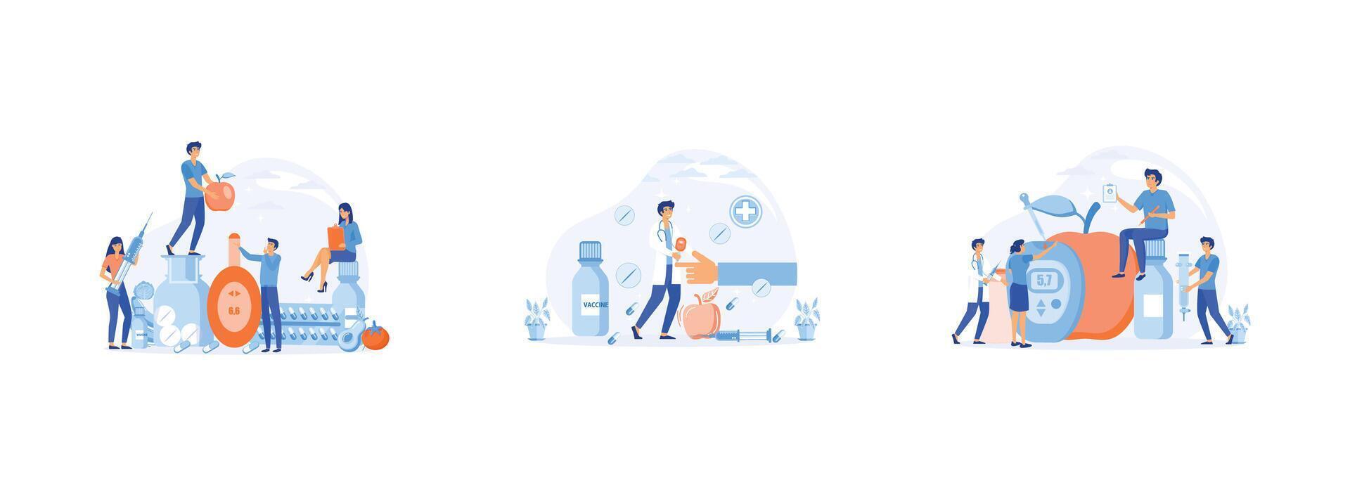 Diabetes poster with characters, Flat tiny high sugar level in blood persons concept, Diabetic Blood Glucose Level Test at Digital Glucometer. Diabetes Level set flat vector modern illustration