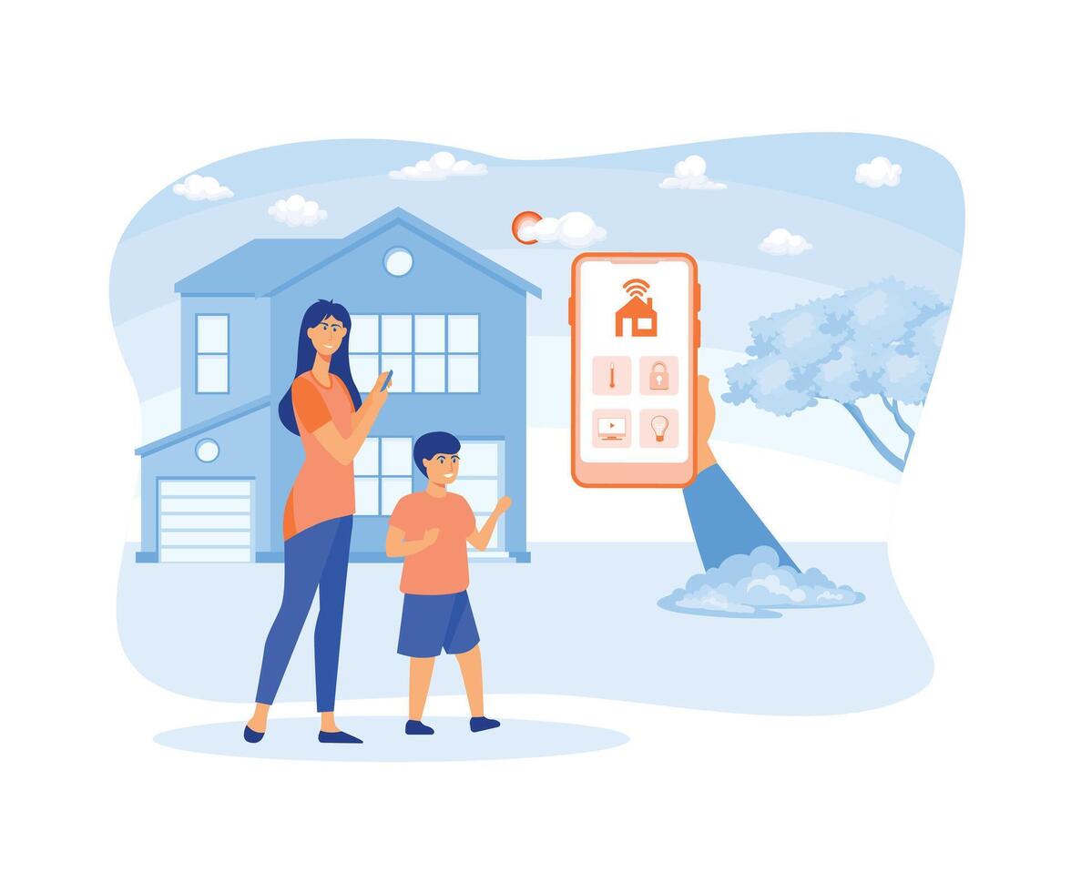 Smart home app with control system, eco house on the background and family posing, technology and lifestyle concept. flat vector modern illustration