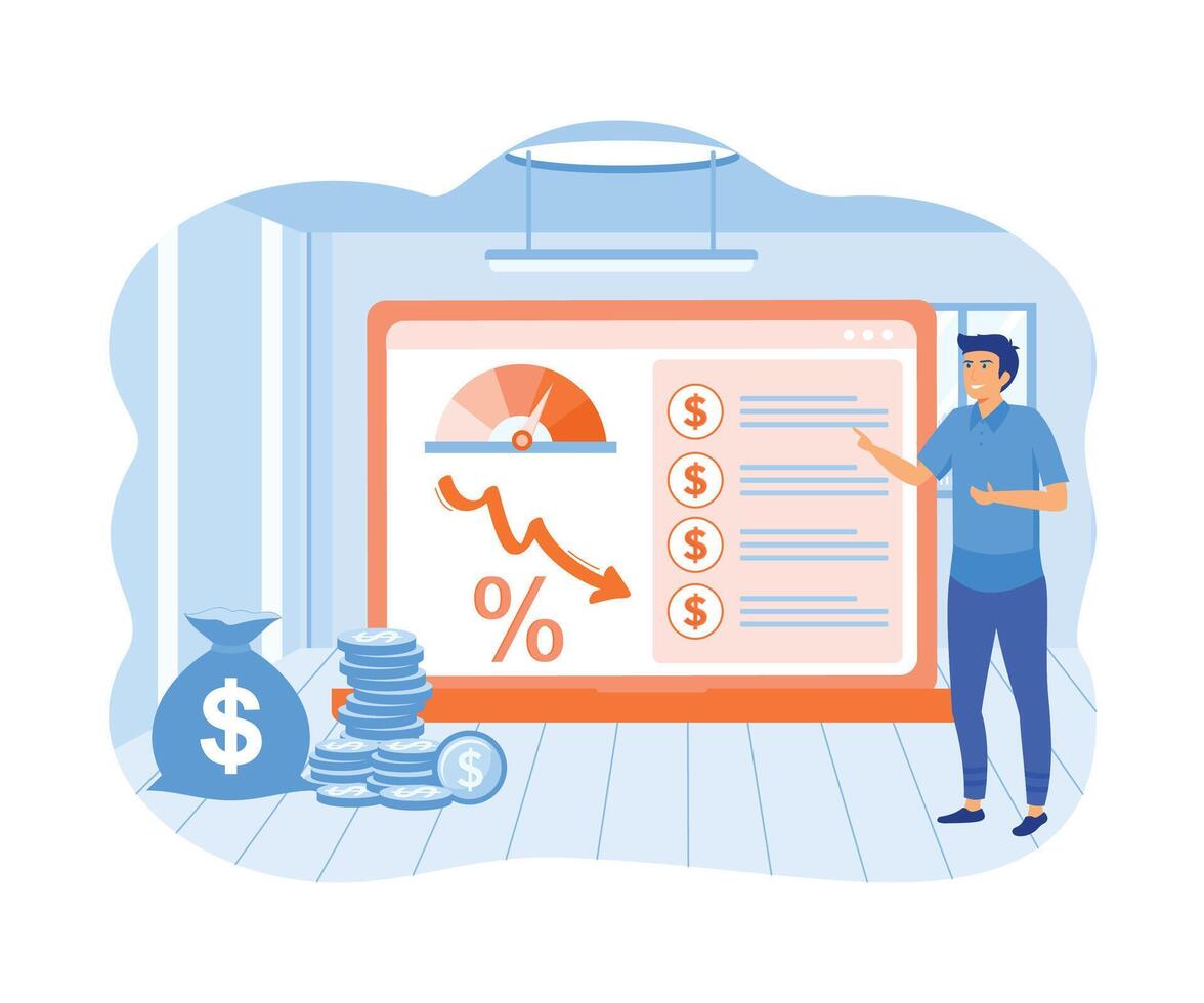 Cost optimization online services or platforms. Financial and marketing strategy ideas. Cost reduction and income balance. Online cost optimization. flat vector modern illustration