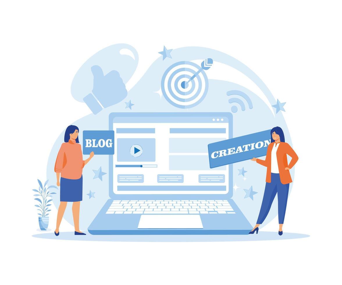 Woman Creating Web Page, Pasting Banner on Site, Planning Page Display. flat vector modern illustration