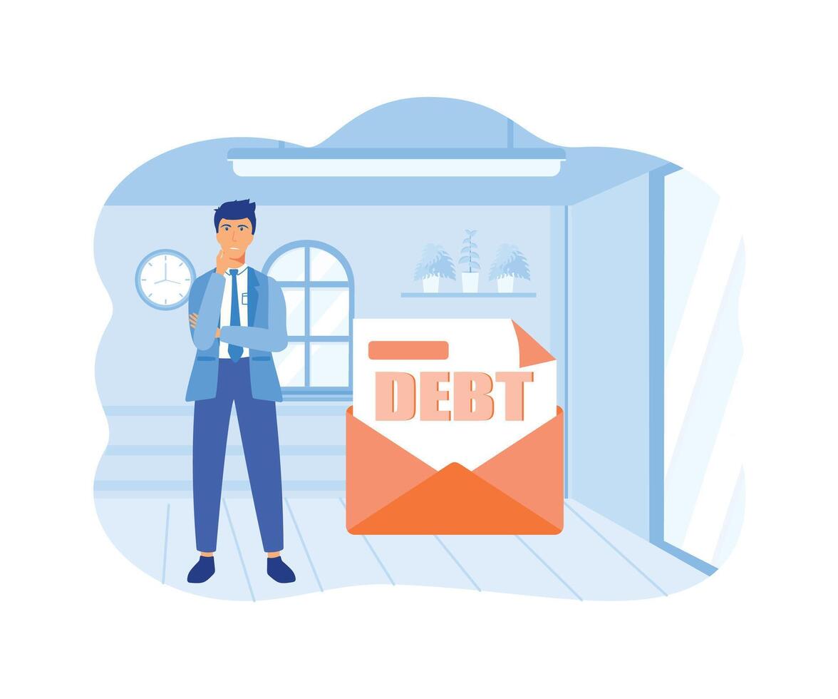 Debt concept. Man in suit, businessman bears a debt on his back.  flat vector modern illustration
