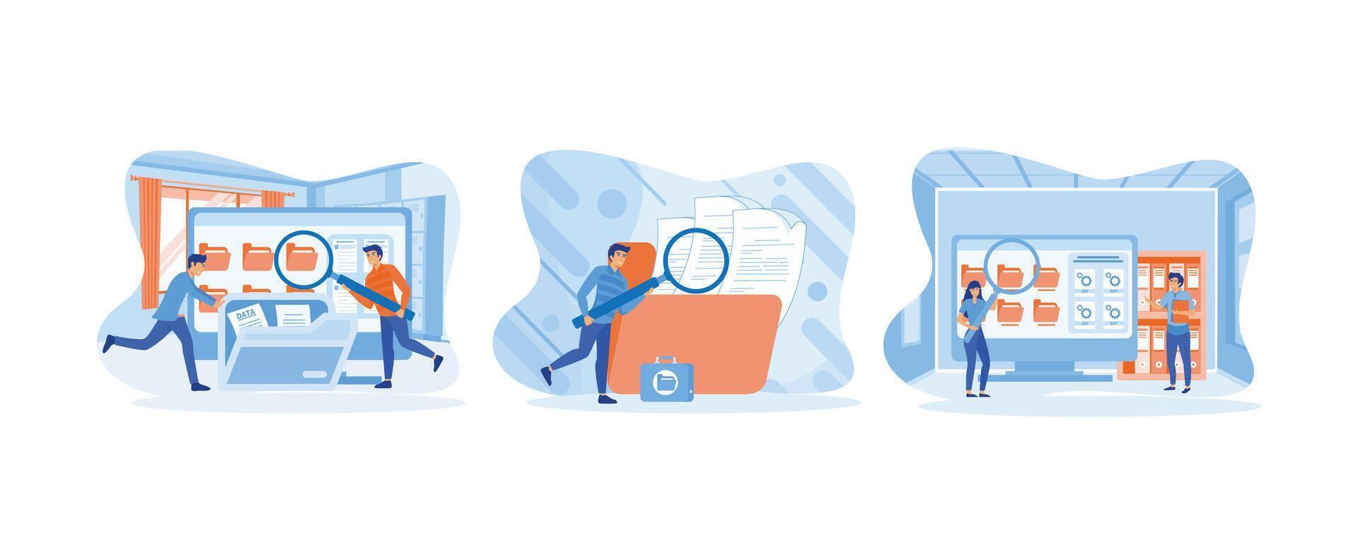 Storage and indexing of information. Information storage and indexing. File manager and data storage. Storage set flat vector modern illustration