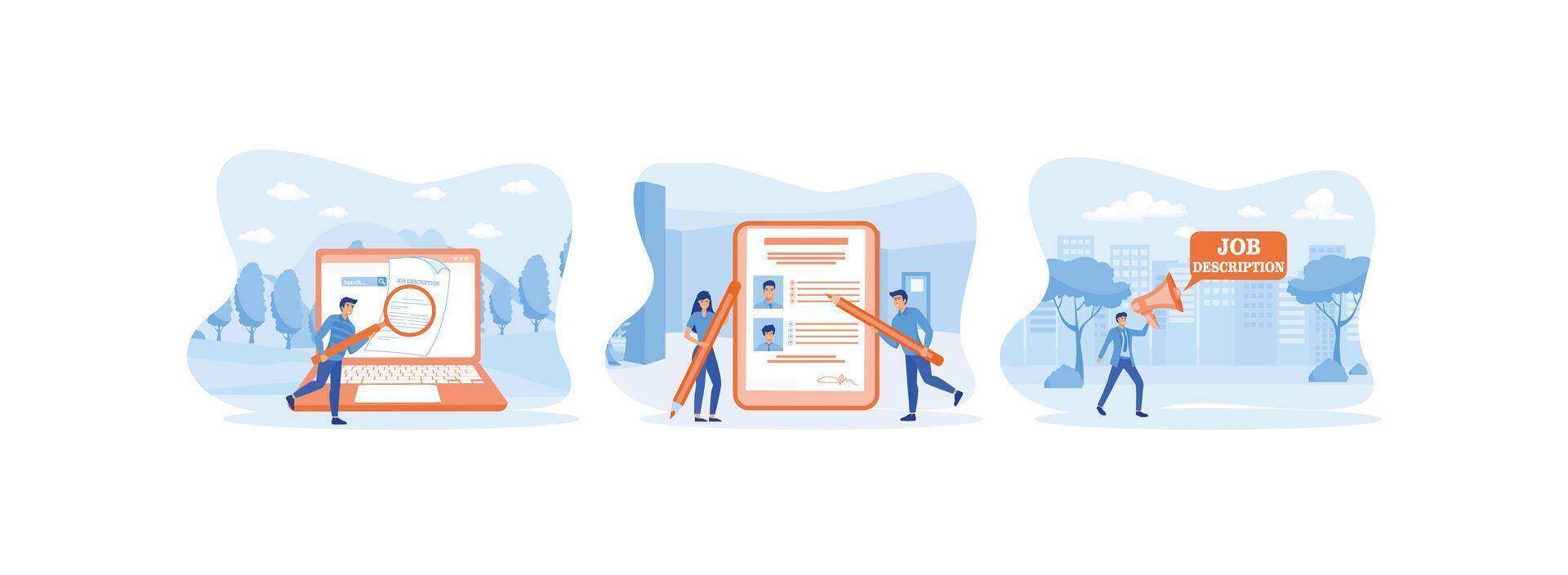 Unemployment person hold magnifying glass, Applicants Searching Job.  Job description set flat vector modern illustration
