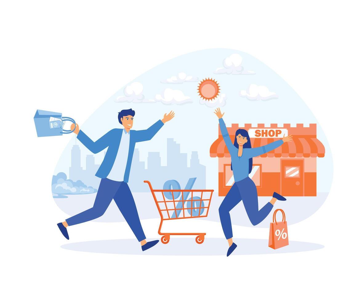 contento personas con compras carro y compras bolsas, descuentos, en línea compras, grande venta. plano vector moderno ilustración