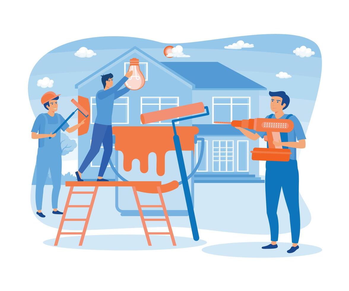 Home renovation workers. Repairman team building house. Painting, electric, finishing works, builders doing apartment repair.  flat vector modern illustration