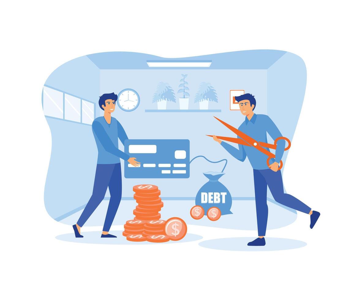 Man with scissors cuts chain of young man with cards. Financial literacy and debt, bankruptcy and mortgage. flat vector modern illustration