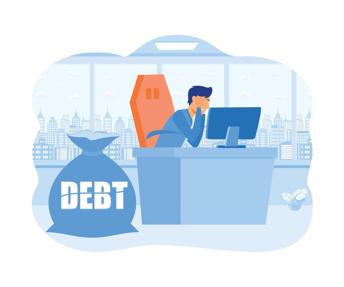 Business debt. Businessman carrying a big bag on his back having financial problems. Bad finance. flat vector modern illustration