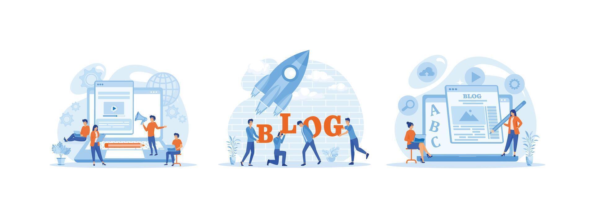 contenido gestión, blogging medios de comunicación desarrollo, en línea promoción y entretenimiento, el concepto de creando Blog artículos con humano caracteres. Blog creación conjunto plano vector moderno ilustración