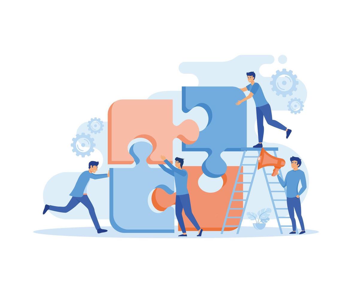 Teamwork concept. People connecting puzzle elements.  cooperation, partnership. vector