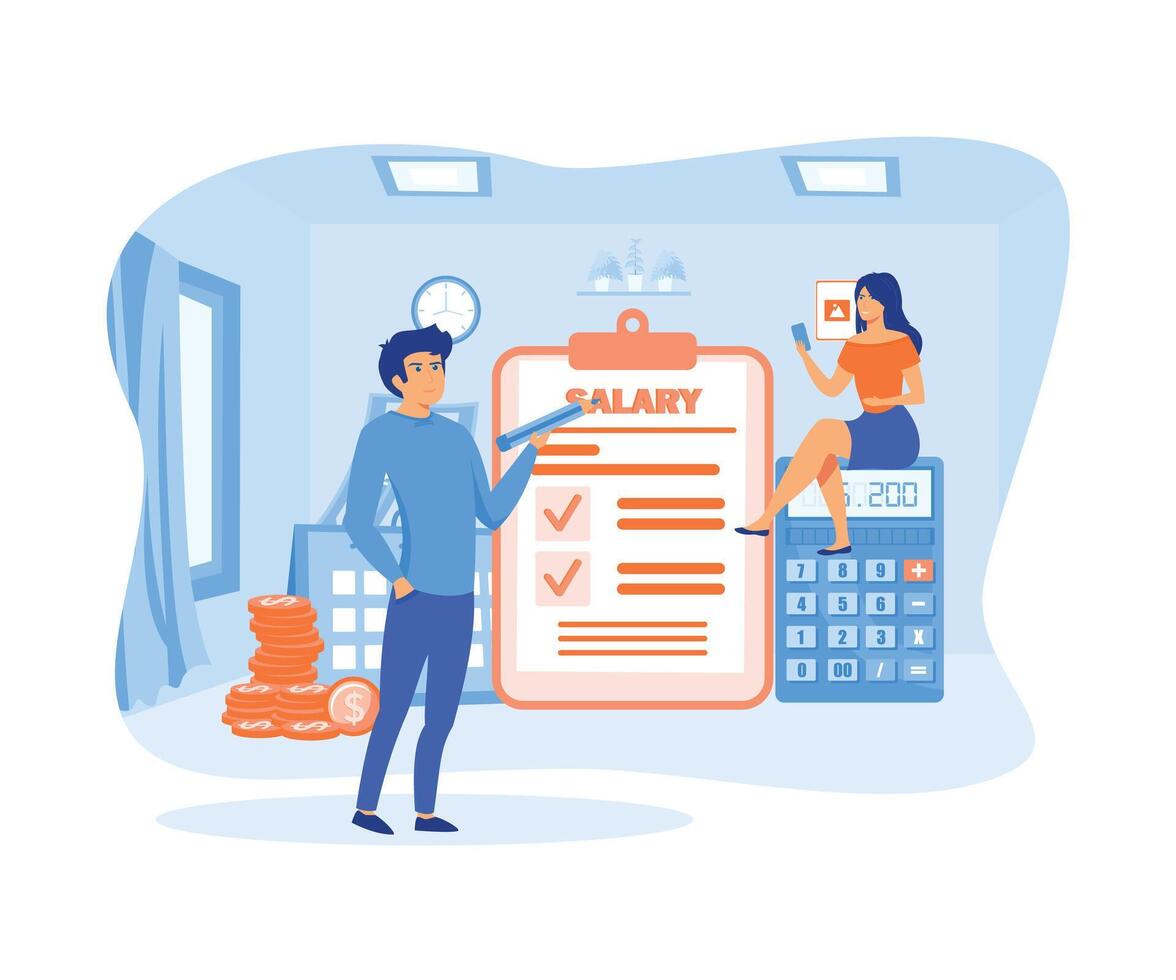 Salary vector concept. female worker looking at his salary on handphone and male worker standing with clipboard, stack of coins and calculator. flat vector modern illustration