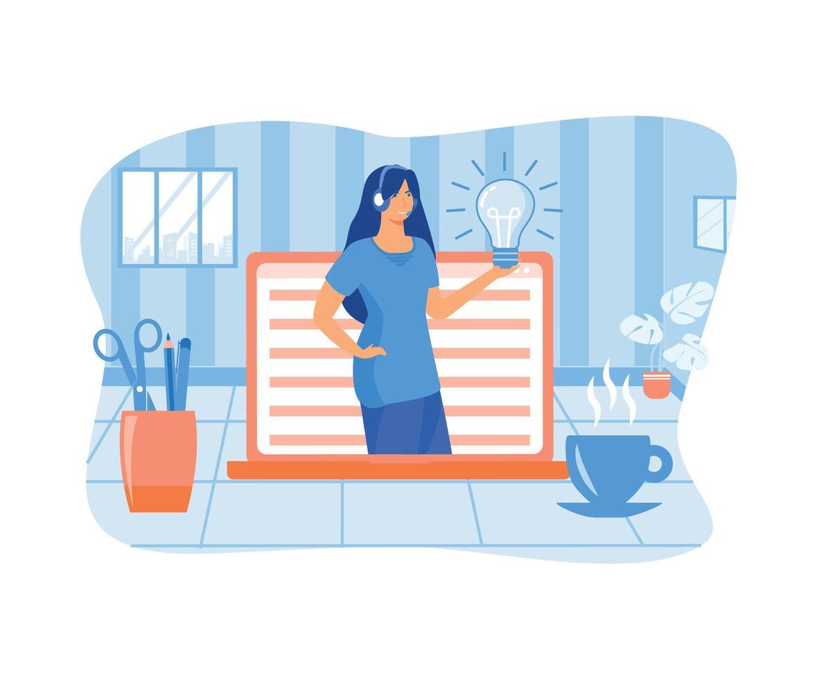 Female hotline operator advises client. Online assistant, virtual help service. flat vector modern illustration