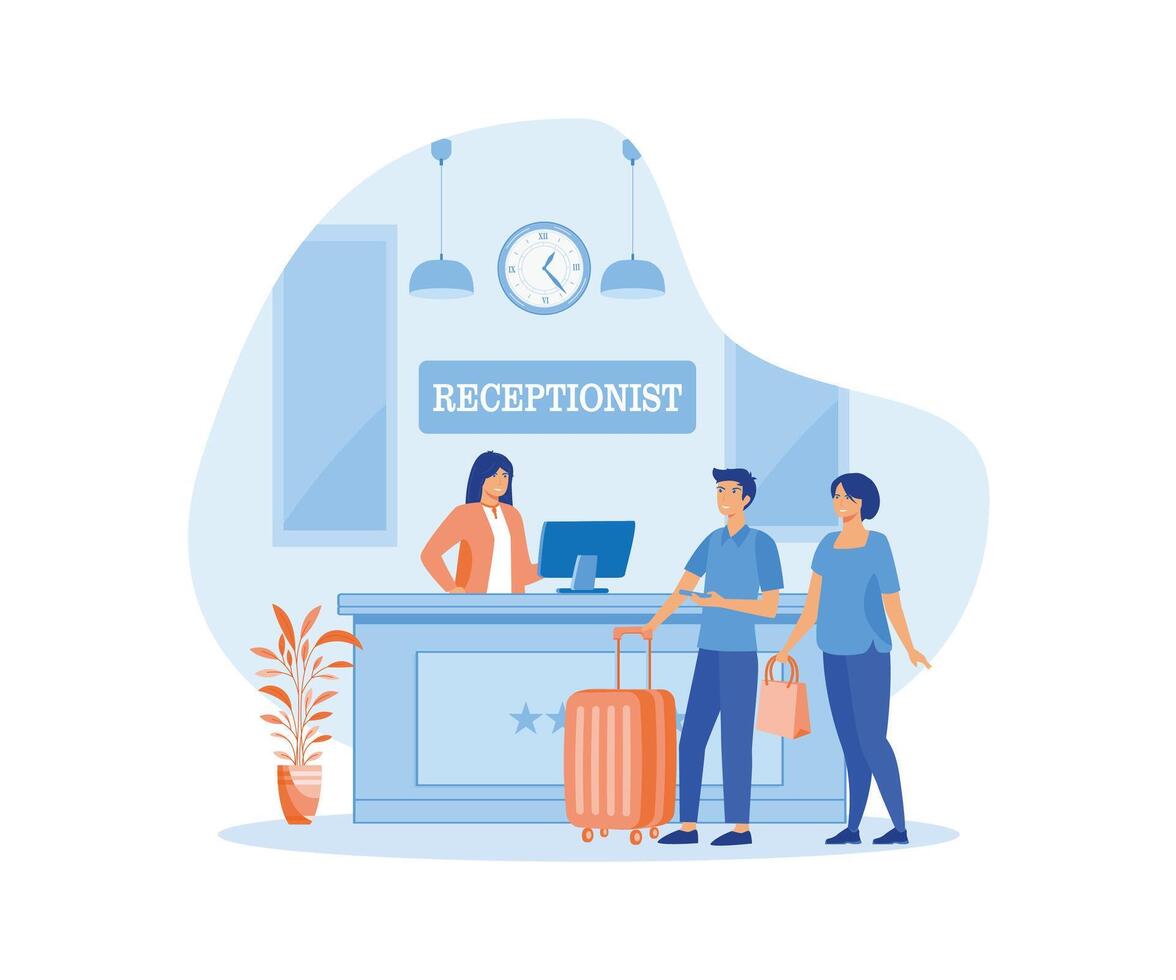 A couple of tourists or travelers standing at the reception desk and talking to the receptionist. flat vector modern illustration