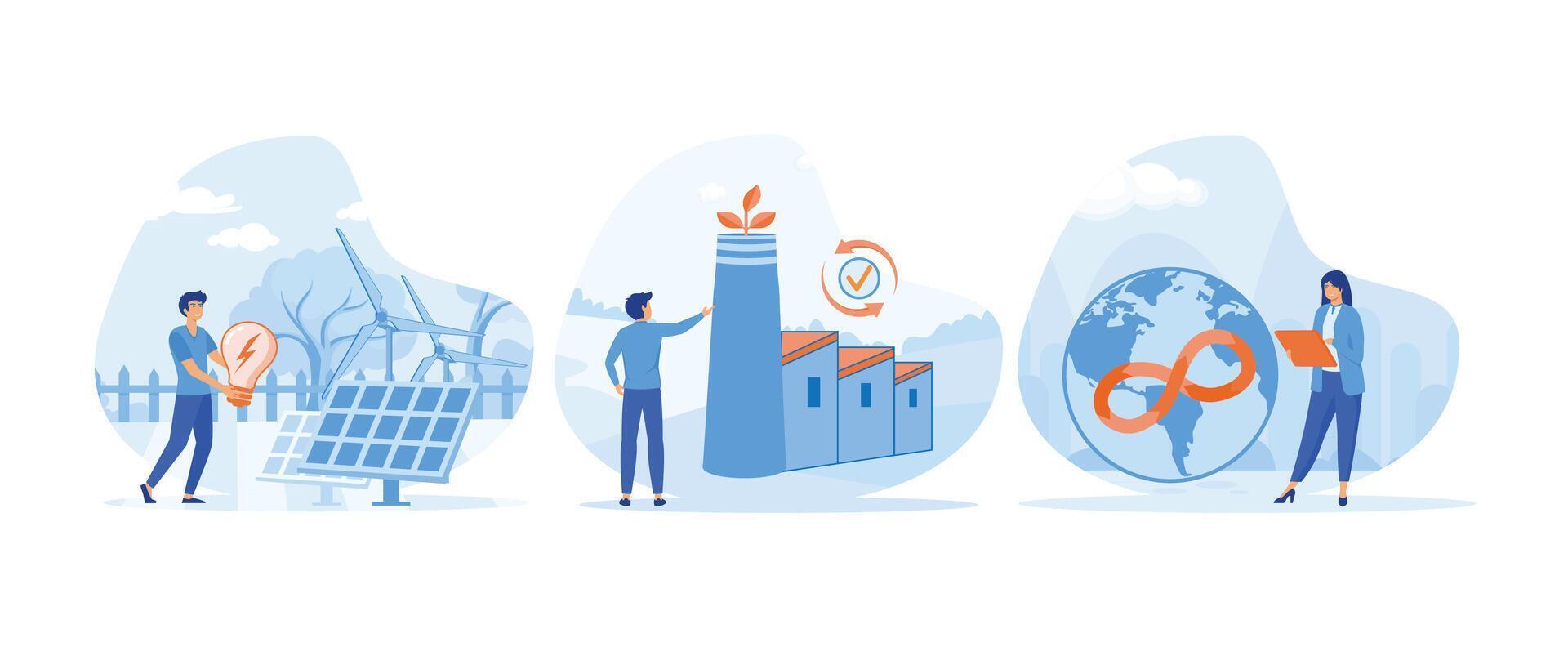 Circular economy. renewable energy and natural resources. Green energy. Circular economy set flat vector modern illustration