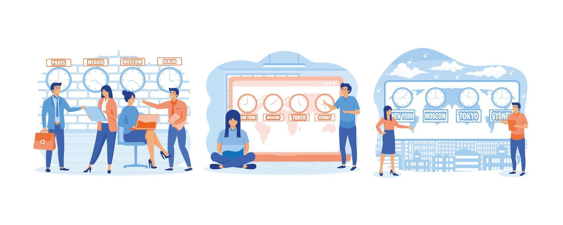 Local time zones. International time and date. Tiny people business worldwide. set flat vector modern illustration