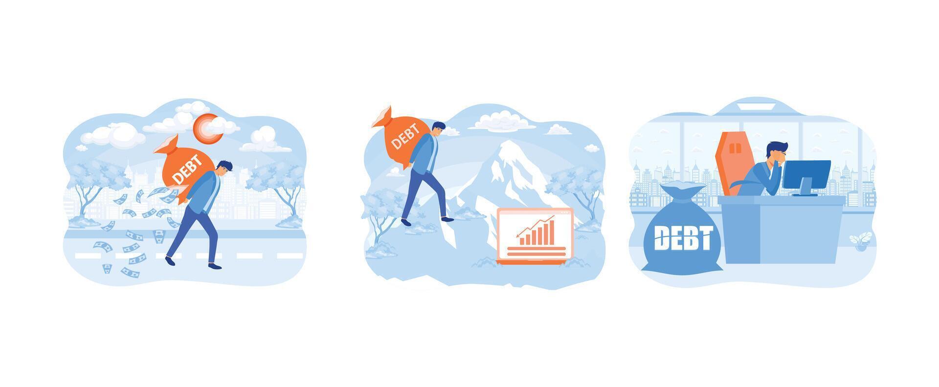 Debt burden. Crisis of high burden of consumer debt.  Business debt. Debt burden set flat vector modern illustration