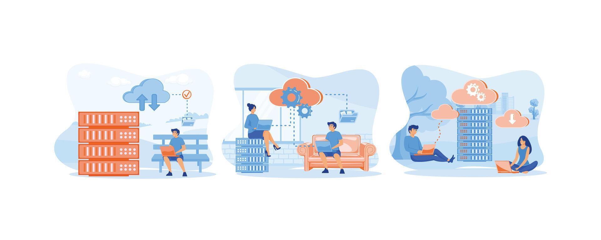 Digital hosted storage. Cloud computing. Cloud data server. set flat vector modern illustration
