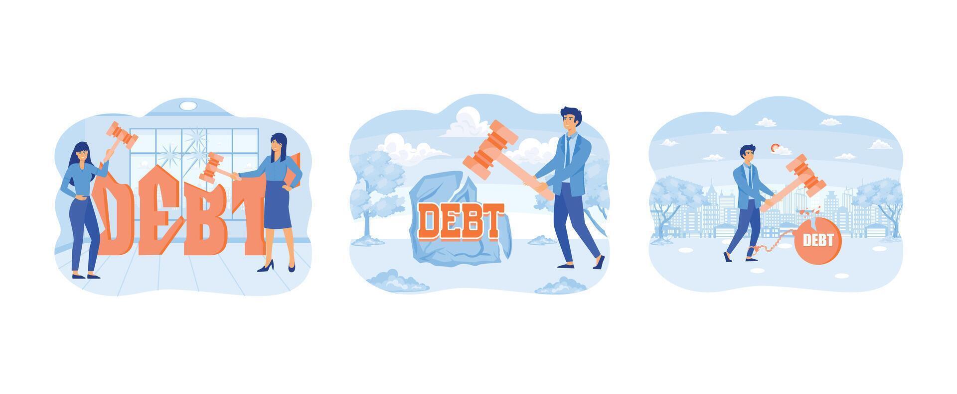 Destruction of debt. Businessman breaking rock of debt. Businessman trying to destroy iron ball with debt word that chained his feet with hammer. Breaking debt set flat vector modern illustration