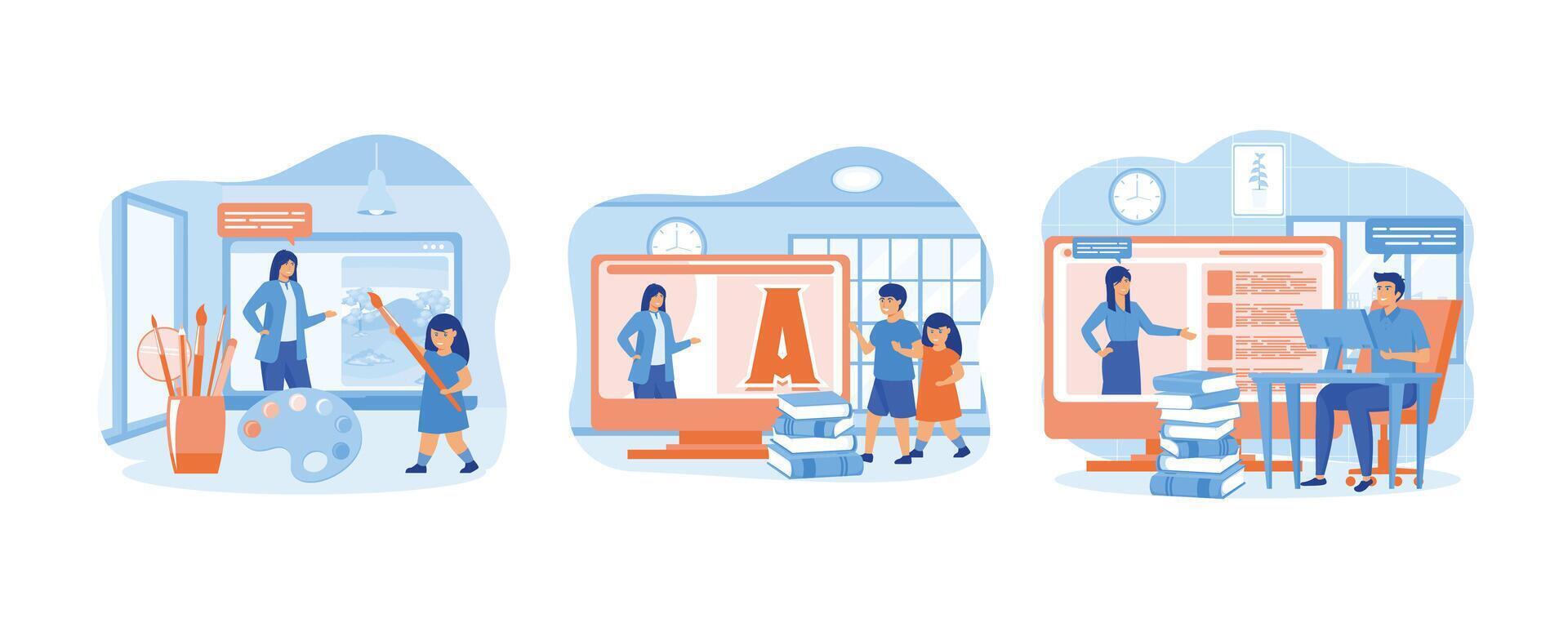 Online art class.  Online early childhood education courses. Students in distance learning. set flat vector modern illustration
