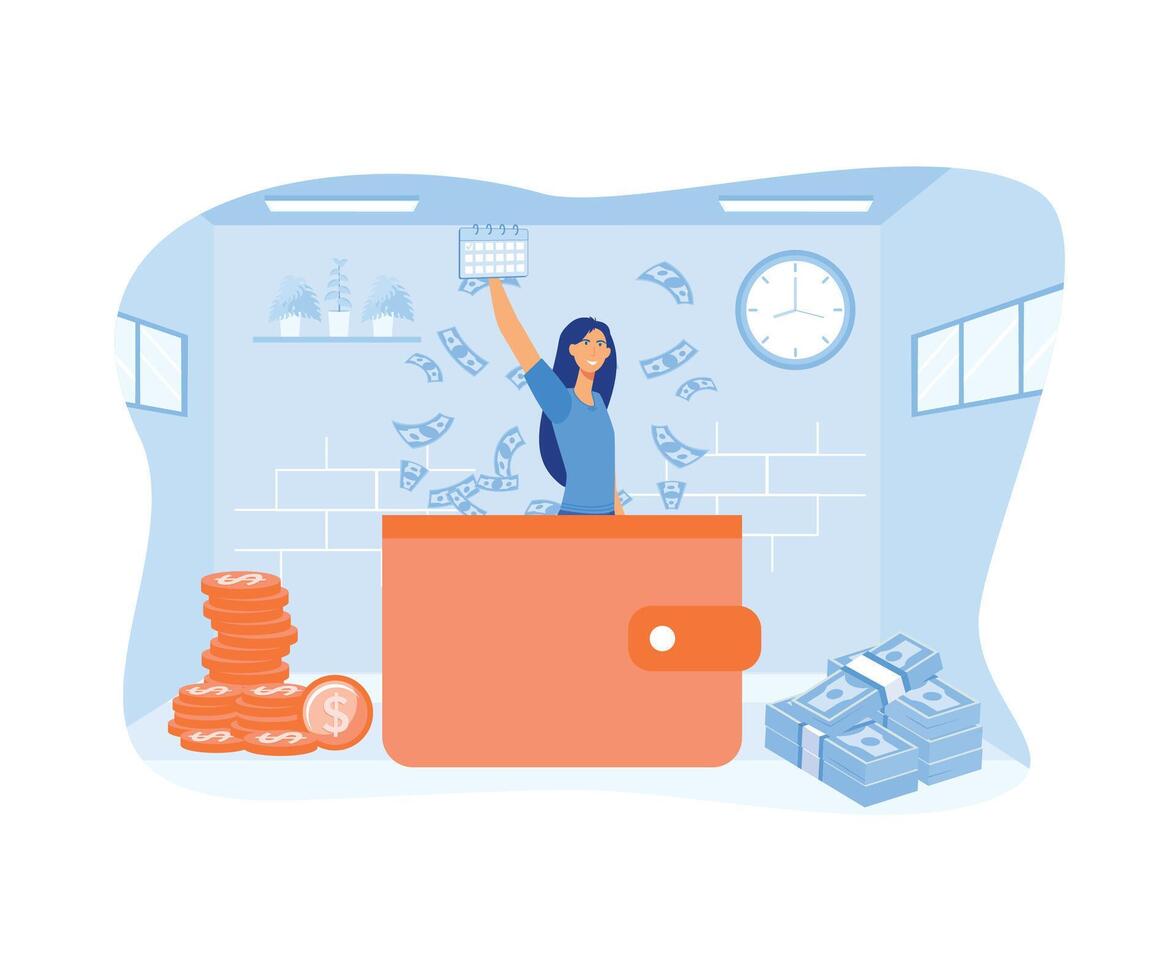 Salary Payment concept. Woman  workers are happy receive a monthly salary, people calculating money, active income.  flat vector modern illustration