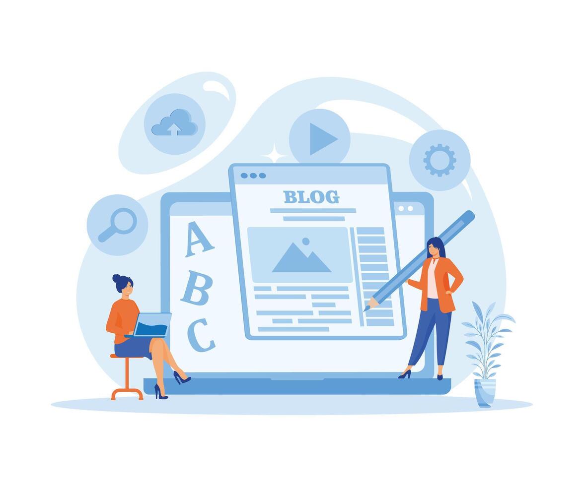 Content writer. The concept of creating blog articles with human characters, freelance business and marketing. flat vector modern illustration