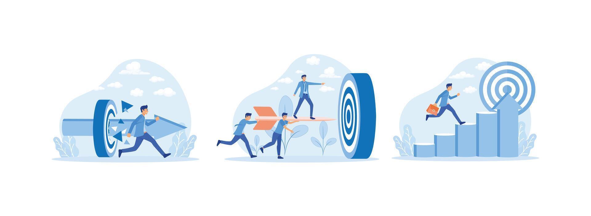 Business superhero rushing towards target, Team of Businesspeople Carrying Big Arrows with Businessman Standing on It Running to Big Target, Challenge, Problem, obstacle, Path to goal. vector