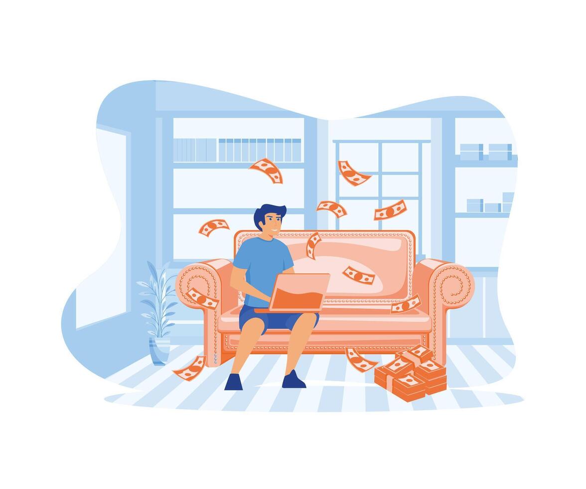 hombre sentado en sofá con ordenador portátil computadora y dólar cuentas lloviendo abajo. plano vector moderno ilustración