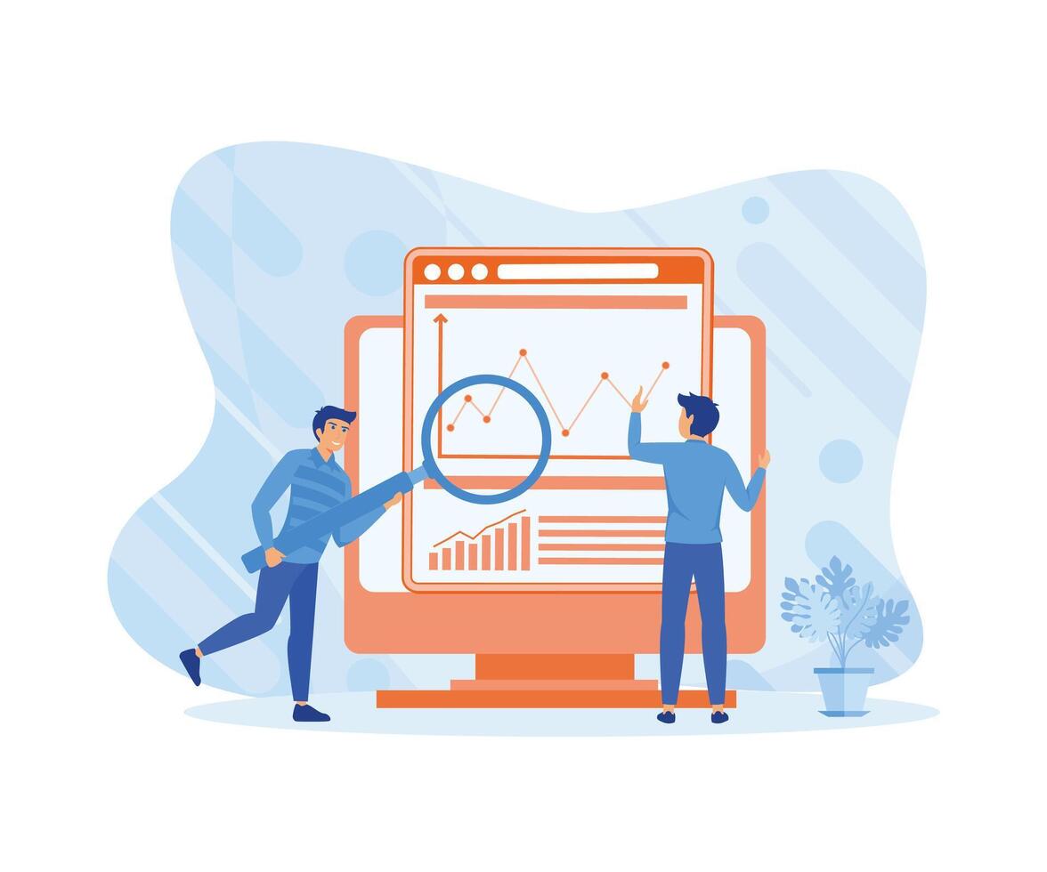Businessman working for data analysis and monitoring on web report dashboard monitor and business financial investment concept. flat vector modern illustration