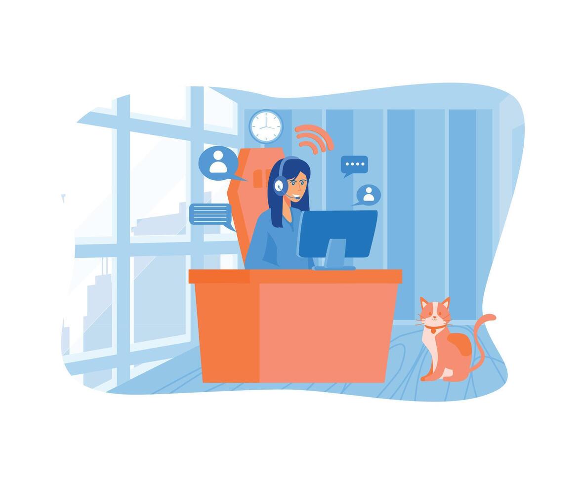 Home office during corona virus outbreak concept, woman working from home with laptop. flat vector modern illustration