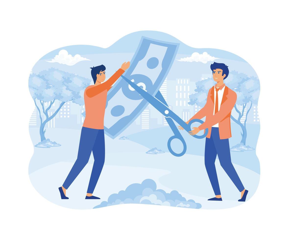 Cost reduction or cutting budget finance concept with scissors and people cut money.  flat vector modern illustration