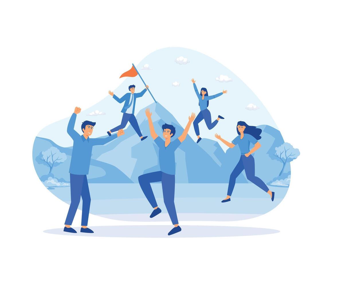 Leadership and teamwork, Team leader shows the way, motivates for success, gives trophy flag, competitive environment. flat vector modern illustration