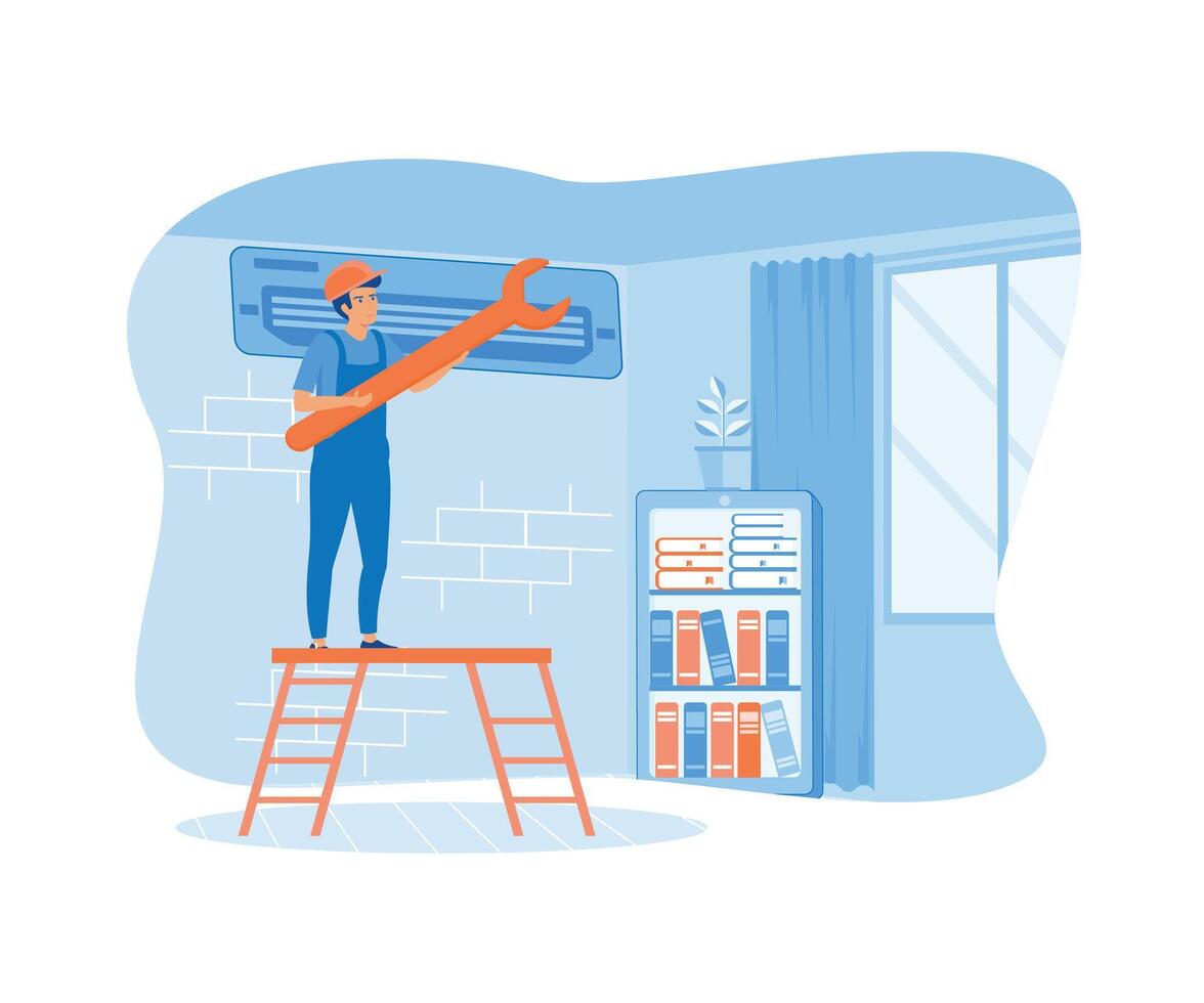 Man repairs and installs AC with Unit Breakdown, Maintenance Services, Cooling Systems. flat vector modern illustration