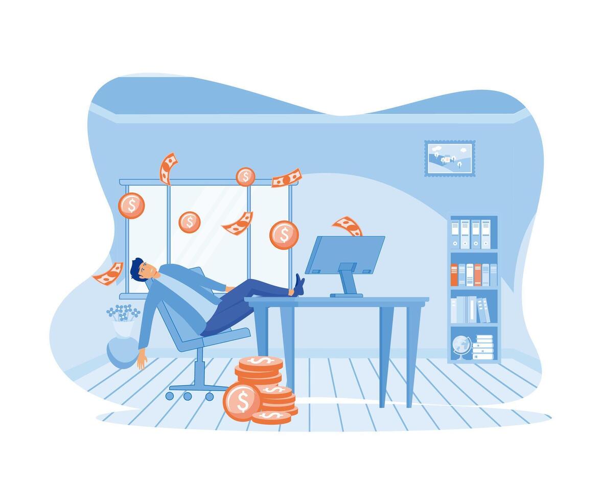 pasivo ingresos concepto, empresario dibujos animados personaje hombre relajante en silla mientras monedas mosca fuera de computadora. plano vector moderno ilustración